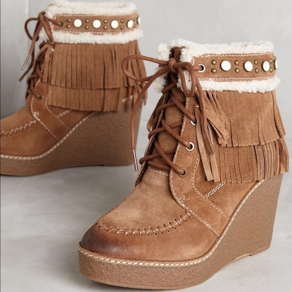 Sam Edelman Kemper Fringe Faux Fur Wedge Bootie boho western - Picture 1 of 8